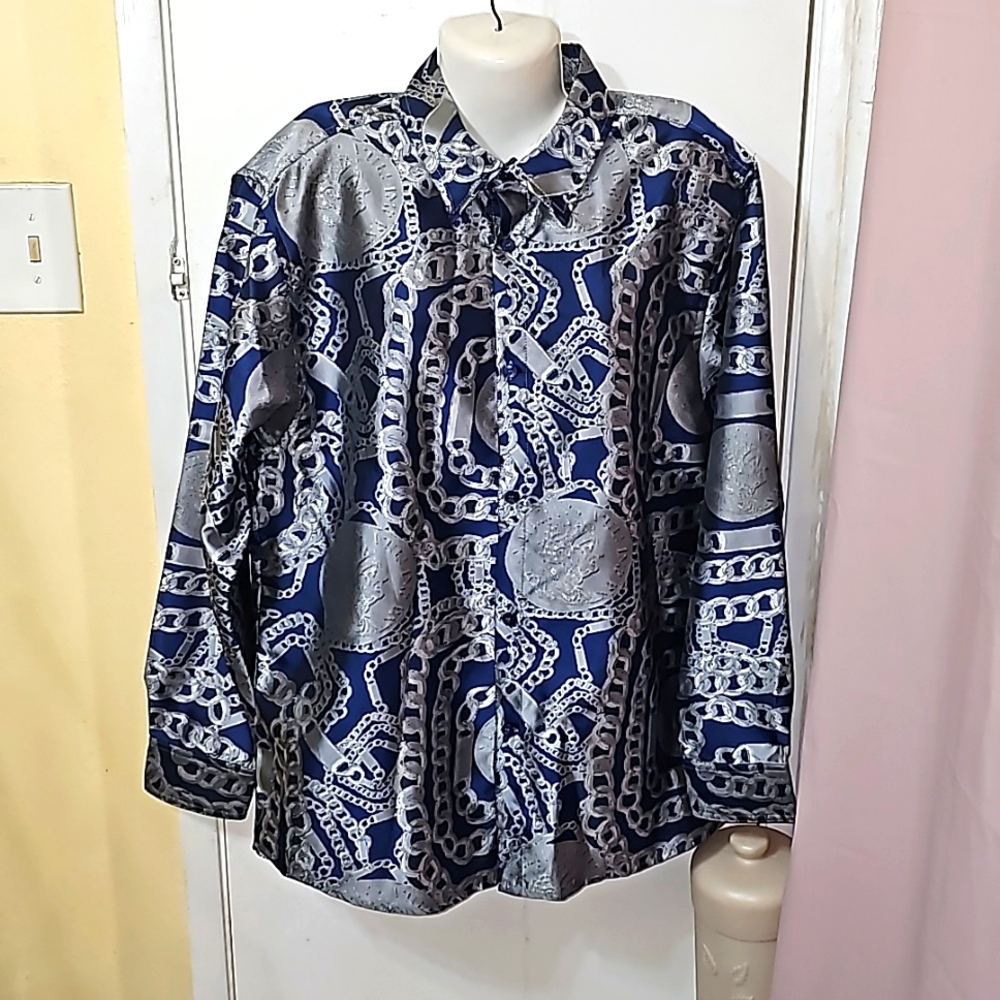 Royal Prestige button down top mens 2xl blue silver chain print B17